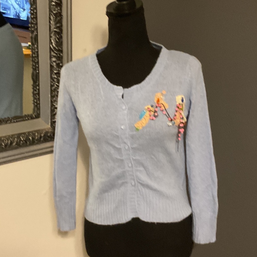 Free People Light Blue Cardigan with Colorful Embroidery